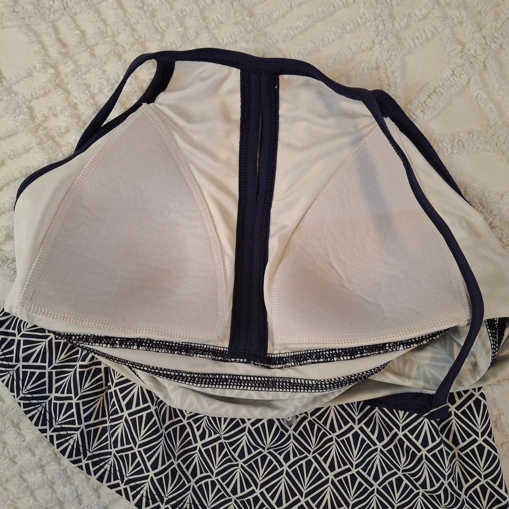 Lands' End Womens 8 Tankini Top Navy Blue White Geometric High Neck Keyhole